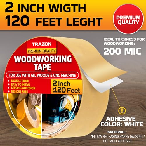 Image of Trazon Double Sided Woodworking Tape Super Strong, 2 Inch x 120 Feet, Wood Crafter Sticky Tool, Two Side Adhesive for Router Templates and CNC Machine, Removable & Residue Free