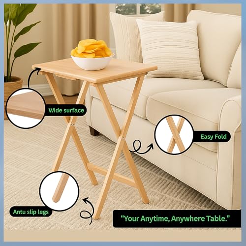 Image of 2-Piece Solid Wood TV Tray Table Set | Foldable Snack & Laptop Desk | Portable Folding Dinner Side Table | Space Saving | Natural Finish