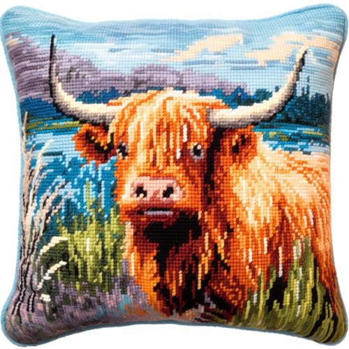 Sccotish Highland Cow DIY Latch Hook Pillow Kits Easy for Beginners Crochet Yarn Hook and Latch Throw Pillowcase with Print Cushion for Sofa Decoration 43x43cm(1)