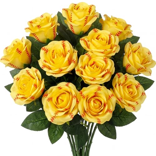 Hotop 12 Pcs Bloom Softball Roses with Leaves Artificial Yellow Rose Bouquet for Softball Team Senior Fans Coach Gift Sports Theme Graduation Wedding Party Decoration