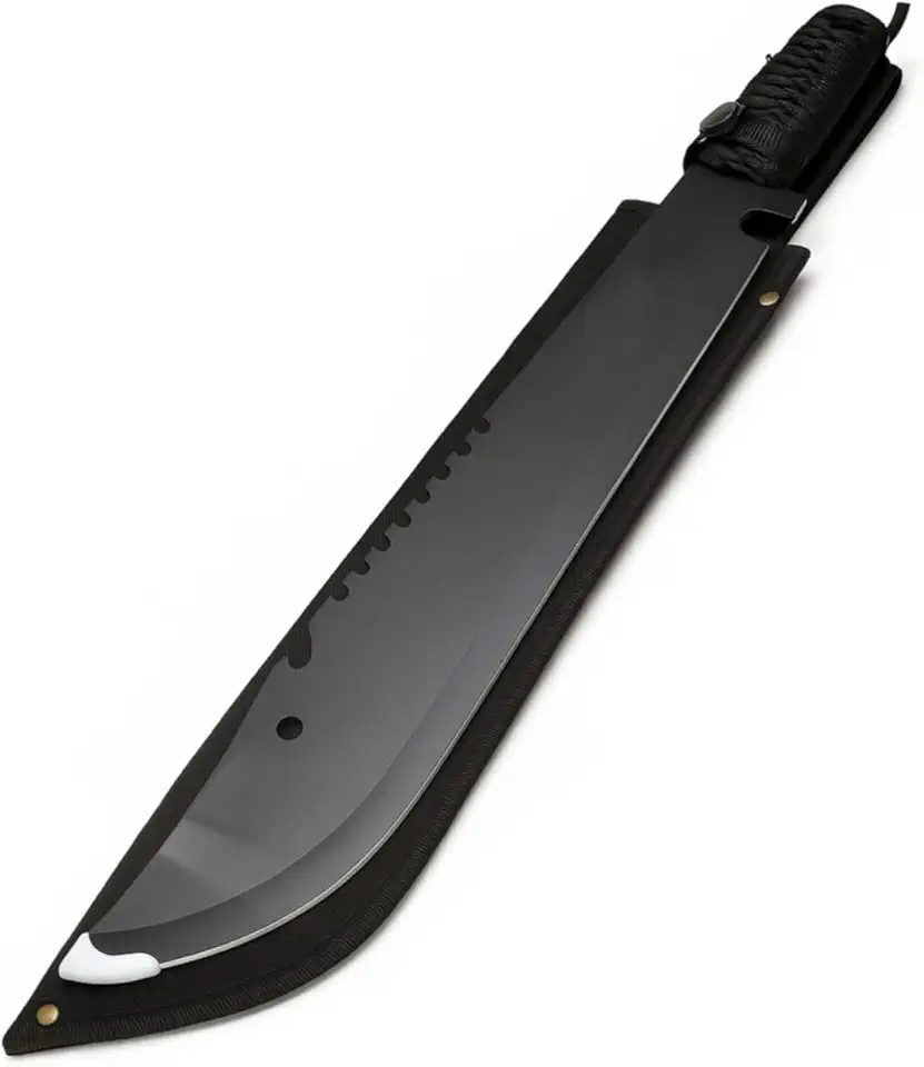 Lucena Facão Full Teng Militar Tático, Lâmina Preta 36cm em Aço Inox, Cabo 14cm, para Camping, Pesca, Trilhas, Caça, com Bainha em Poliéster