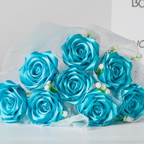 Image of Mauproy 1-1 /2 Inch Wide Peacock Blue Satin Ribbon, 50 Yards Turquoise Solid Polyester Fabric Ribbon for Roses Making, Gift Wrapping, Flower Bouquets, Wedding Decorations, Handmade Crafts