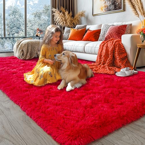KING DARE 6x9 Area Rugs for Living Room Red Rug, Fluffy Shaggy Fuzzy Plush Furry Large Floor Carpet, Anti-Slip Washable Modern Soft Rug for Bedroom Girls Boys Room Indoor