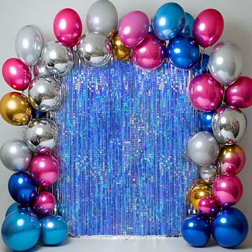 Image of 4 Packs Blue Foil Fringe Curtain, Navy Blue Metallic Tinsel Backdrop for Birthday, Wedding, Baby Shower, Bachelorette, Graduation, Galaxy Space Party Decorations Supplies