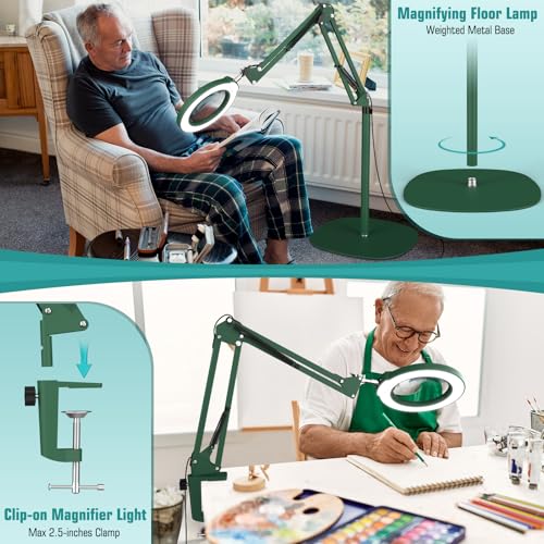 Image of 12X Magnifying Glass with Light and Stand, Real Glass Lens (Not Acrylic), 5 Color Modes, Stepless Dimmable, LED 3-in-1 Floor Lamp, Swing Arm with Clamp, Lighted Magnifier Hands Free for Crafts - Green