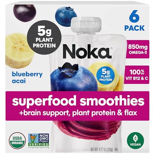 Noka Organic Superfood Smoothie Pouch, Blueberry Acai + Brain Support 6pk