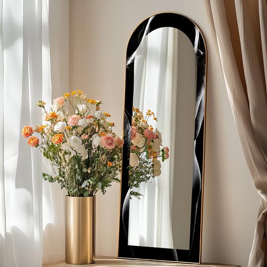 Shadow Curve - Specchio da pavimento con contorno nero opaco, lunghezza completa, con cornice nera e cornice nera