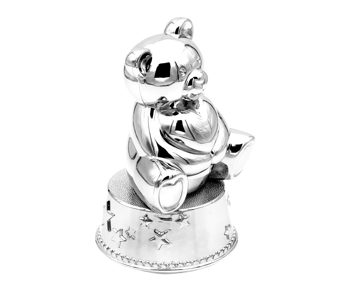 Design Kinder Spardose mit Spieluhr Bär Herz aus Metall versilbert Baby-Spieluhr Geschenk Taufe Einschlafhilfe Melodie La Vie en Rose (Gravur bis 25 Zeichen)