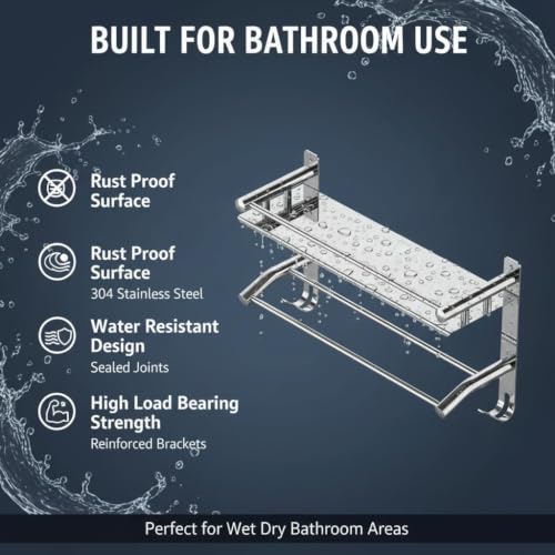Image of Filox Premium Stainless Steel 1 Tier Bathroom Shelf Organizer | Wall Mount Bathroom Rack with Dual Towel Bar & Integrated Hooks | Multipurpose Kitchen Storage Stand & Towel Holder