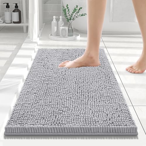 Smiry Luxury Chenille Bathroom Rugs 24x16, Extra Soft and Absorbent Shaggy Bath Mat, Machine Washable, Non-Slip Plush Carpet Runner for Tub, Shower, and Floor, Home Decor Accessories, Light Grey
