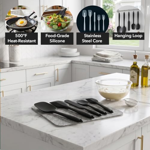 Image of OVENTE Silicone Spatula Set of 5, Heat Resistant, Black SP12305B | Food Grade Rubber Spatula, BPA-Free and Dishwasher Safe, Nonstick Kitchen Utensils for Baking, Cooking and Mixing