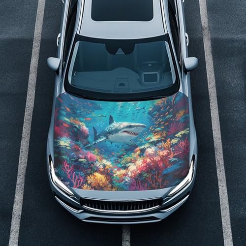Image of Car Hood Cover for Compact Sedans SUV Trucks,Shark Theme 59x39 Inches Stretchable Auto Hood Wraps Vehicles Banner Automotive Exterior Accessories