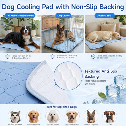 Image of PatiencET Extra Large Dog Cooling Mat, 40 x 50 in XL No-Gel Cooling Pad for Large Dogs, Cool Touch Nylon Pet Mat, Washable Summer Dog Mat for Bed, Floor, Crate, Sofa, Car, Blue
