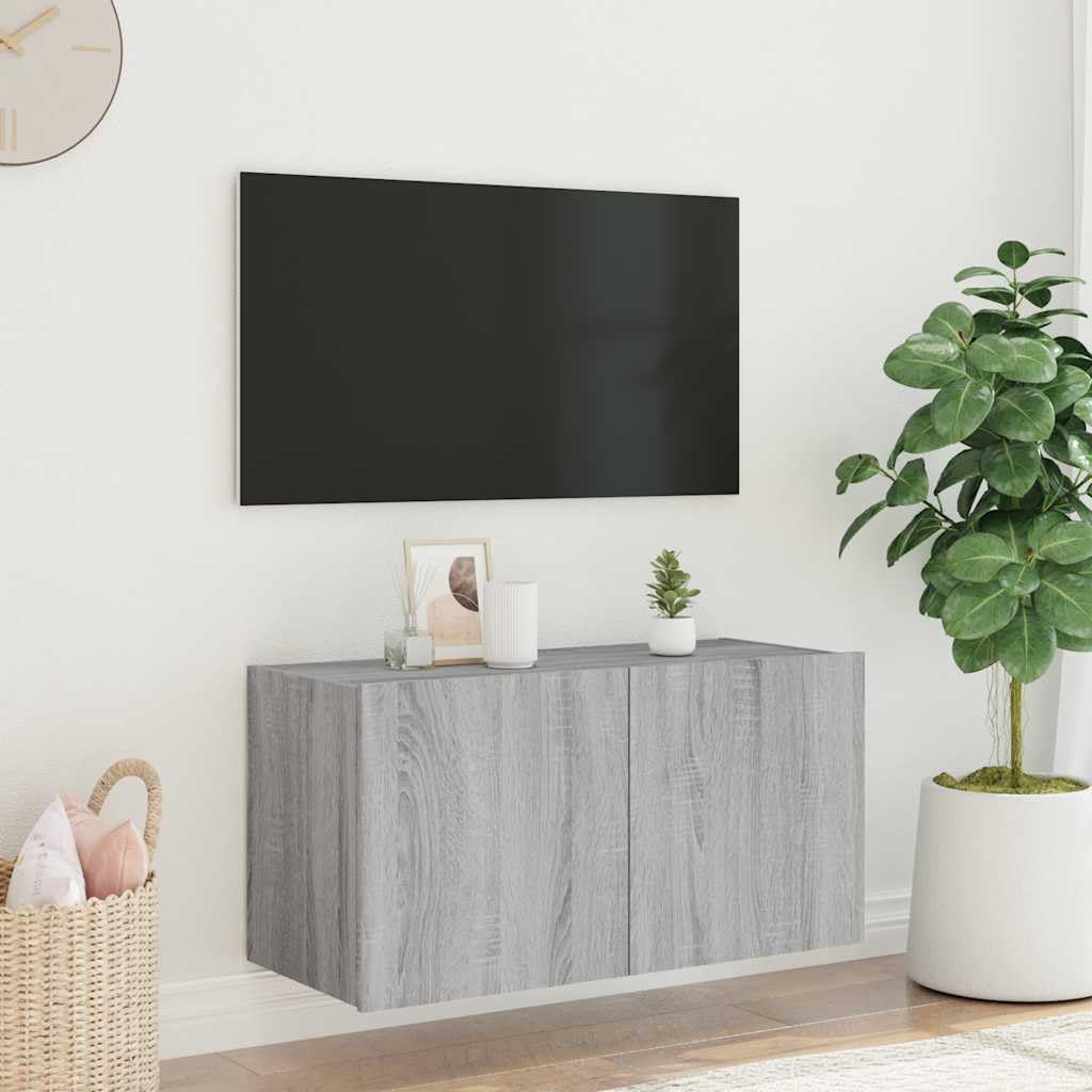 Led wandkast voor tv, grijs sonoma eiken, 80x35x41 cm, zwevend tv-meubel met rgb ledverlichting, wandmontage, opbergkast met deuren voor woonkamer slaapkamer