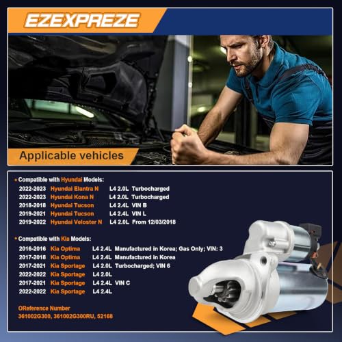 Image of Ezexpreze 16037 Starter for Kia Optima 2016-2018, Sportage 2017-2022 & Hyundai Elantra N /Kona 2022-2023, Tucson, Veloster N, 2.0L 2.4L