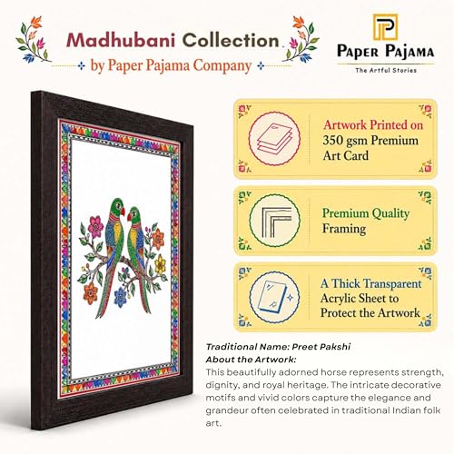 Image of PAPER PAJAMA Madhubani Love Birds Wall Art for Living Room | Parrot Couple Folk Art Painting | Traditional Mithila Framed Decor for Home, Bedroom & Office (10x13 Inches)