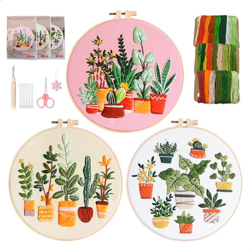 xiruiubao Kit bordado iniciantes 3 peças Embroidery kit ponto cruz com plástico armação para bordar instruções ferramentas, plantas verdes kit de bordado DIY feito à mão