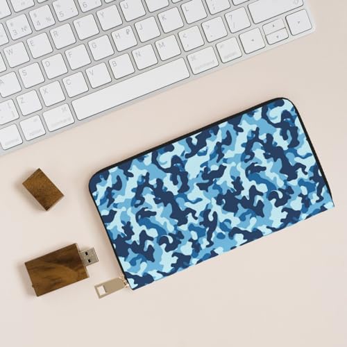 Leather Thin Slim Wallets for Women & Men - Blue Camouflage Print Card Wallet Holder with Zipper4