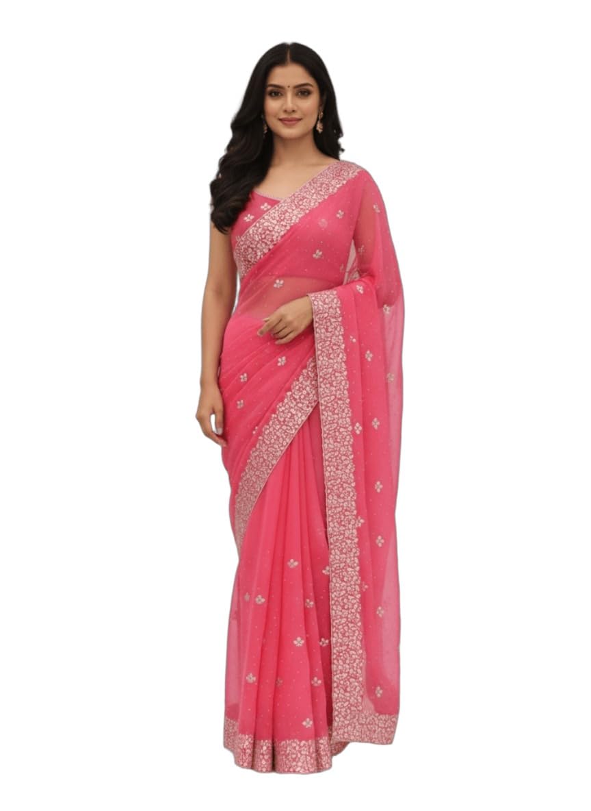 Women’s Georgette Saree with Heavy Embroidered Border & Blouse Piece Elegant Ethnic Wear Parties Wear Wedding Saree-picture-22
