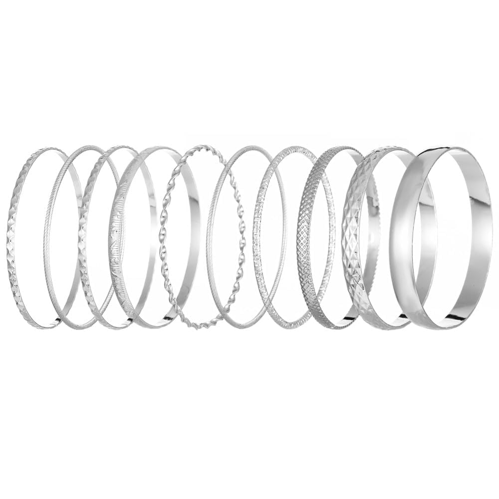 Bangle Bracelet Set, Bangles for Womens, Indian Boho Punk Chunky Stackable Glossy Metal Bangles,Vintage Smooth Layered Charm Arm Cuff Multipack Wedding Party Costume Accessories for Girls (Silver)