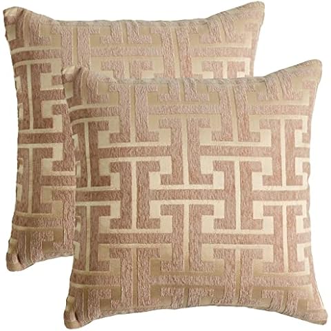 WOMHOPE Throw Pillow Covers Cases Chenille Jacquard Geometric Cushion Square Decoration Shell Pack of 2 (18 x 18 Inch, Khaki) Cover