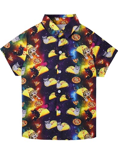 Image of Boys Hawaiian Shirt Kids Button Down Aloha Beach Hawaii Tops 5-14Y | Quick Dry, Breathable, Cooling & Lightweight, For Summer Vacation Holiday, Fourth of July, Youth, Teen, Shark, Dinosaur
