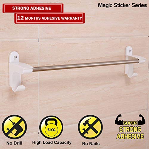 Image of HOKIPO Plastic Magic Sticker Series Self Adhesive Towel Rod And Napkin Holder For Bathroom And Kitchen With 2 Hooks, 60 Cm, White
