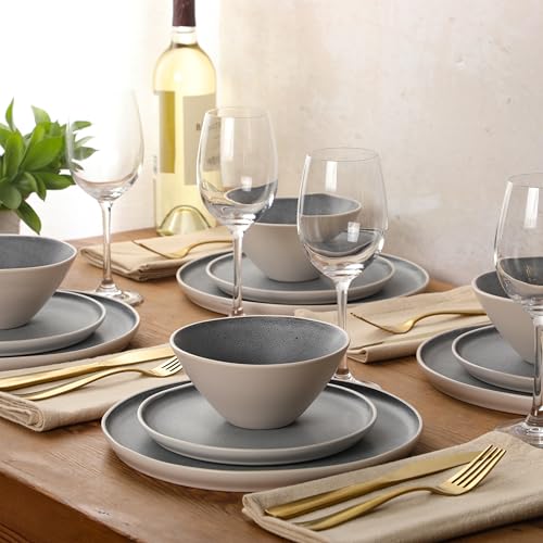 Image of Gibson Elite Coastal Forest Plates and Bowls Sets, 12-Piece Stoneware Dinnerware Sets, Triple Reactive Glaze Dish Set - Grey and Cream White