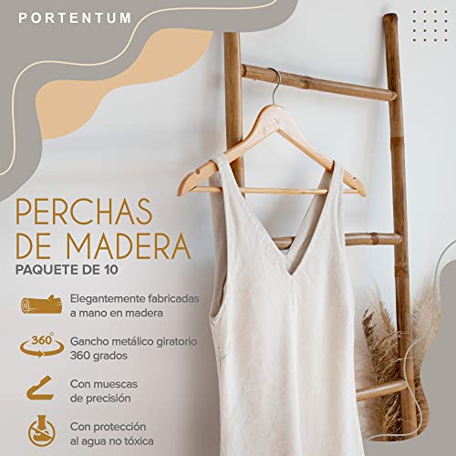 Miniatura 2 de PORTENTUM Perchas de Madera, Set de 10, Color Natural - Gancho Giratorio 360º, Muescas para Vestidos y Blusas, Barra Antideslizante para Pantalones, Aptas para Trajes, Camisas, Chaquetas