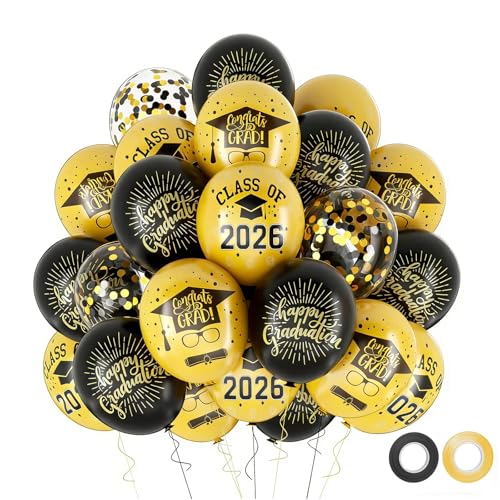 Graduation Balloons 2026 - 50pcs Black & Gold Latex Party Decorations