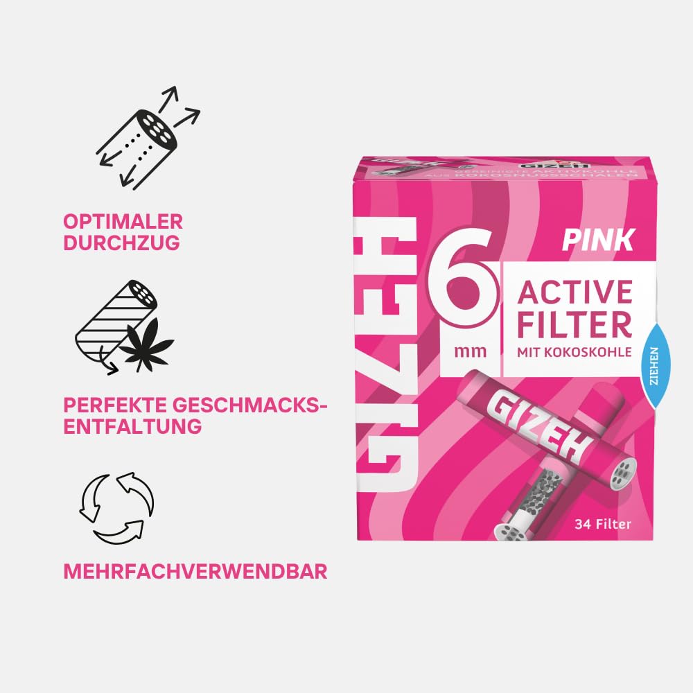 GIZEH PINK Active Filter - Filtro de carbón activo fino de 6 mm de diámetro, filtro de carbón activo fino con carbón activo de cáscara de coco – Filtros con 27 mm de longitud en paquete de 10 unidades