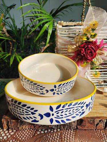 Image of Niyara Stoneware Handmade Ceramic Stylish Premium Serving Bowls /Salad Tray Microwave Dishwasher Safe (Leaf Design)
