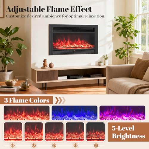Image of Giantex 36 inch Electric Fireplace Insert, Wall Recessed /Mounted, Freestanding Fireplace with Remote Control, 3 Color Adjustable Flames, 2 Modes Heat, 8H Timer, 5 Brightness, 750 /1500W Heater