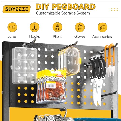 Image of SOYEEZE Fishing Rod Holders for Garage, 3 Storage Boxes for Reels & Fishing Accessories, 10 Rod Capacity Fishing Pole Holder with Pegboard, and 3-Tier Shelf for Tackle Box, Fishing Gear Organizer