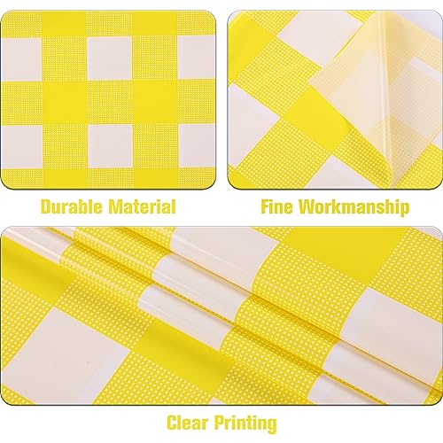 Image of Kesfey 3 Packs Yellow Gingham Tablecloth 54 x 108 Inches Yellow and White Checkered Table Cloths Disposable Plastic Gingham Tablecovers Waterproof Rectangle Picnic Plaid Table Cover for Camping Party