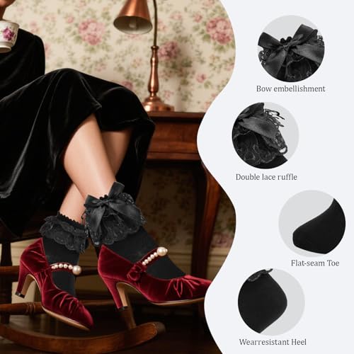 Image of 3 Pairs Women Ruffle Socks Adult Double Lace Frilly Sock with Bow Back,Size 9-11