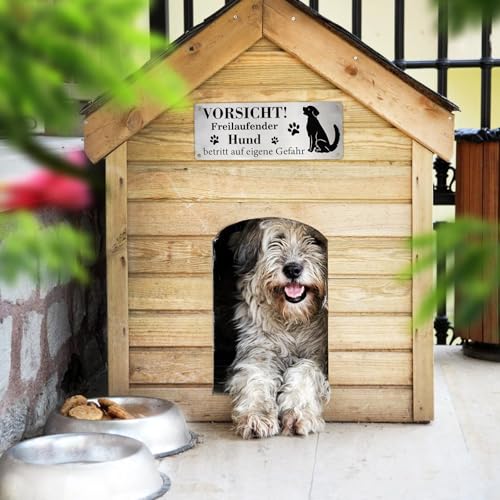 Vorsicht Hund Schild Warnschild für Freilaufenden Hund 25x9cm Selbstklebend Aluminium mit Löchern Schrauben Kabelbinder