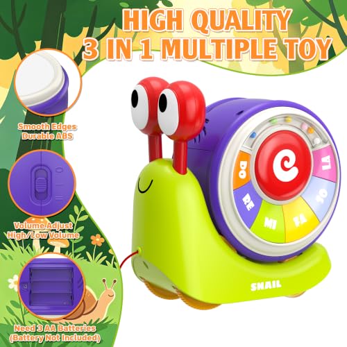 Ciesa 3 in 1 Musical Toddler Toys for 1-3 Year Old, Pull Along Snail Toy with Baby Piano and Light Up Drum Set, Early Learning Developmental Toys, Sensory Baby Toys and Birthday Gifts for Toddlers - image 8