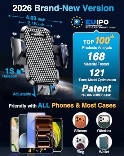 [2026 True Military-Grade] Car Phone Holder VANMASS [Upgraded Strongest Suction & Clip] Cell Phone Mount for Dashboard Windshield Vent Desk, Truck Cradle Stand for iPhone 17 Pro Max 16 15 14 Android - 4