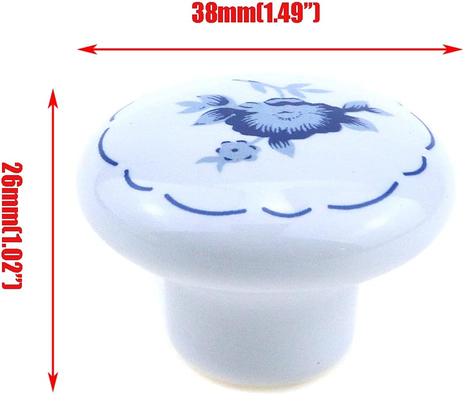 Quluxe 1-1/2 inch Ceramic Knobs Hand Painted Kitchen Cabinet Knobs Pulls Retro Drawer Handles for Dresser Cupboard Wardrobe- Blue Flower (Pack of 10)