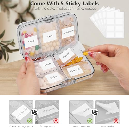Image of FYY Weekly Pill Organizer with Labels,8 Compartments Travel Daily Pill Case Airtight Moistureproof Large Pill Box to Hold Vitamins, Fish Oil, Supplements,Cotton Swab and Bandages-Grey