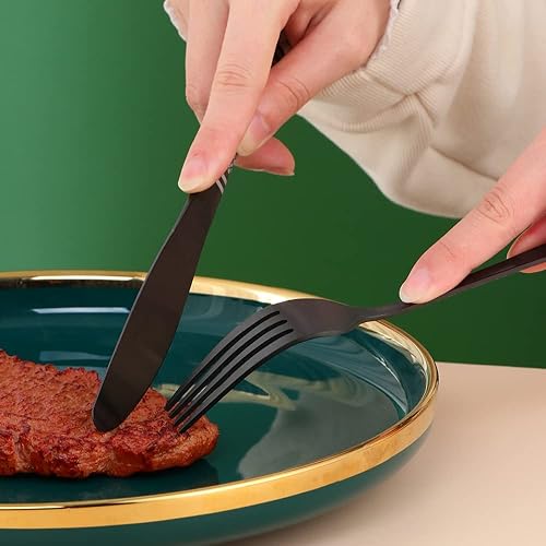 Miniatura 5 de Juego de cubiertos martillados negros para 4, 20 piezas, diseño único de acero inoxidable, incluye cuchillos, tenedores, cucharas, esmalte de espejo