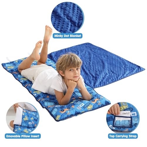 Image of Viviland Toddler Kid Nap Mat for Preschool, Boys Blue Car Slumber Bag, Daycare Bag with Pillow and Blanket, Kindergarten Mat