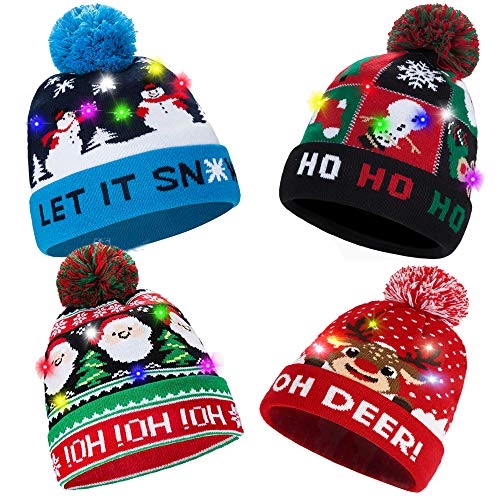 LED Christmas Hat,Light up Christmas Hat Beanie with 6 Colorful Lights Ugly Novelty Stylish Knitted Sweater Xmas Party Skull Cap 4 Pack