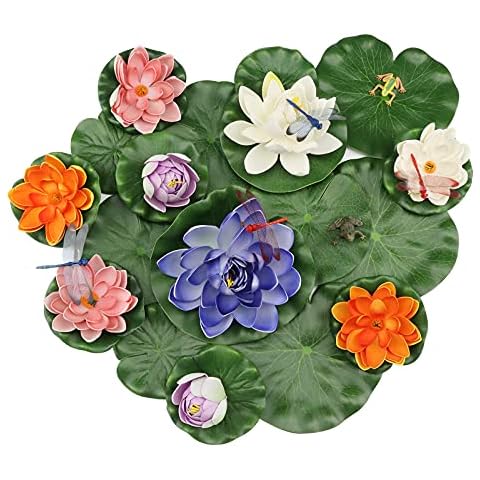 MicButty 24 Pieces Lily Pads for Ponds, Artificial Water Floating Lotus Flowers Decor with Artificial Dragonfly Frog Lotus Leaves, Water Lily Pads Ornaments for Pond Pool Aquarium Water Decoration Cover