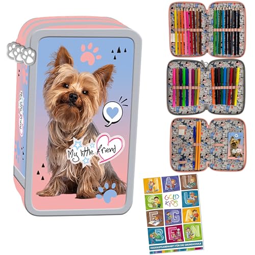 Goldkids - Federmäppchen 3 Fächer - Mäppchen für Mädchen - Federmappe 3-Fach Federtasche Gefüllte Schüleretui 43-teilig - Schulmäppchen Motiv - Hunde