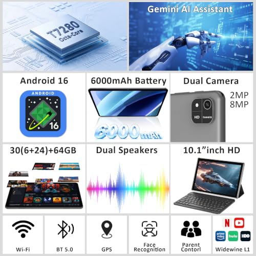 Image of 10.1 inch Android 16 Tablet with Keyboard, 30GB +64GB, 2-in-1 Tablet | Octa-Core, 1280x800 IPS HD Touchscreen, 6000mAh, 1TB Expand, Dual Camera, Widevine L1, 5G WiFi, BT5.0, GPS, Eye Care, Black