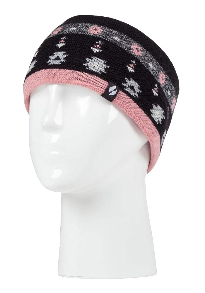 Heat Holders - Ladies Thick Cable Knitted Fleece Lined Thermal Winter Empty Skull Ear Warmer Headband (One Size, Jaquard Black Coral) - Image 3