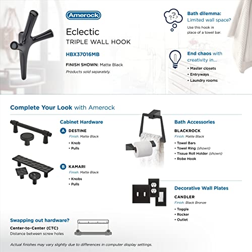 Image of Amerock Kodiak Triple Prong Matte Black Wall-Mounted Hook | Decorative wall hook in durable zinc construction for coats, hats, bags, towels, and everyday organization