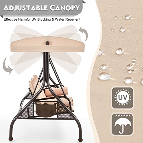 Image of HOMREST 3 Seat Outdoor Porch Swing with Adjustable Canopy, Convertible Patio Swing Bed with Stand, Patio Glider Swing with Upgraded Cup Holder, Thicken Cushions ＆ Pillow for Backyard(Khaki)